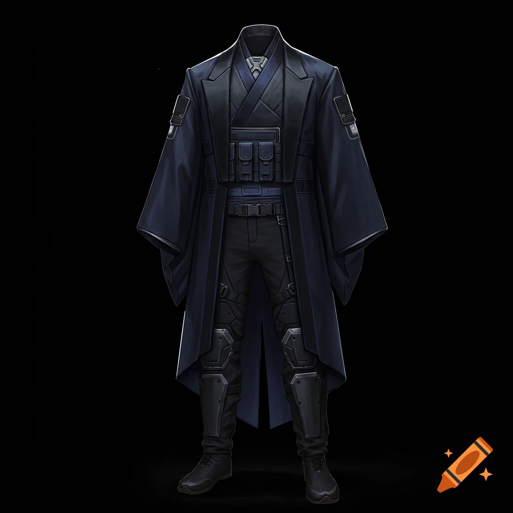 A dark tactical outfit blending kimono and tailcoat styles.