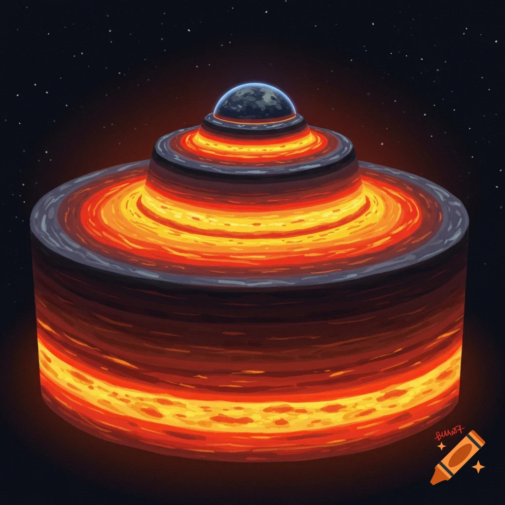 Cutaway illustration of a layered planet structure with a rocky crust, molten interior layers, and a small planet on top, in space.