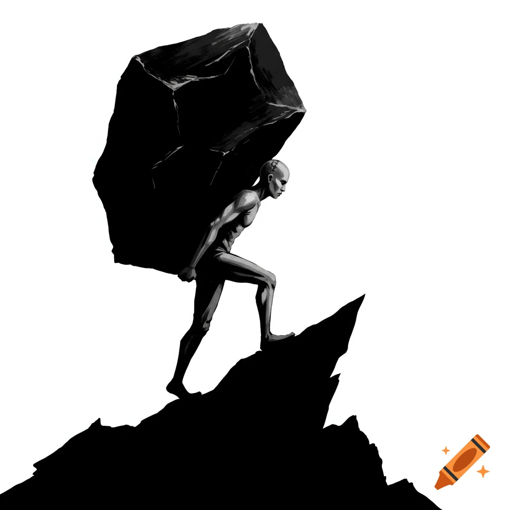 Stylized black and white image of a person carrying a large rock up a mountain peak.