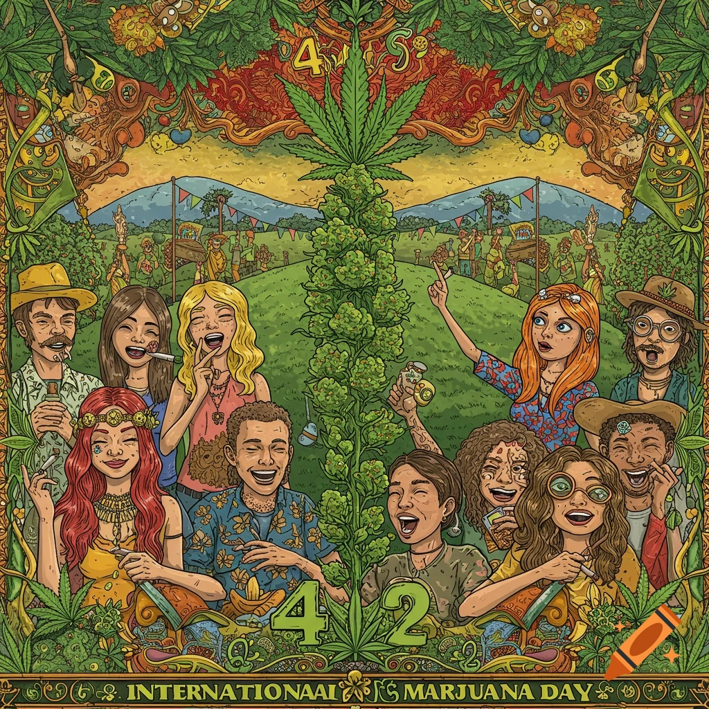 Psychedelic illustration of people celebrating around a large cannabis plant with numbers and text.