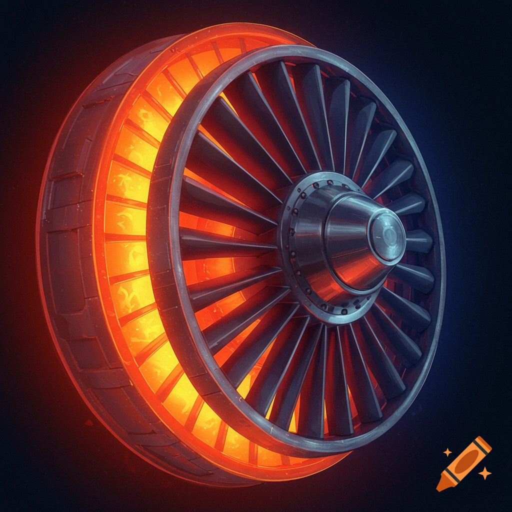 Close-up of a jet engine turbine glowing orange on one side.