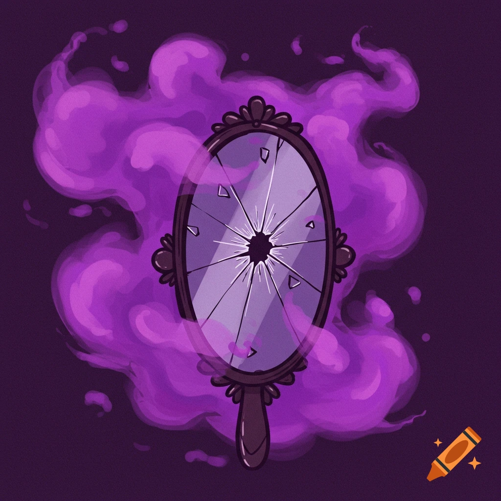 Digital illustration of a broken hand mirror surrounded by purple smoke on a dark background.