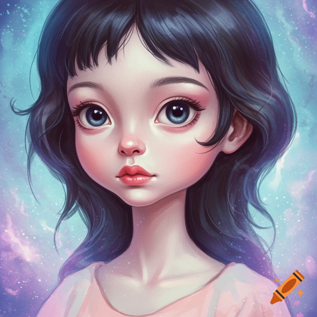 Stylized portrait of a girl with large eyes and dark hair against a blue and purple nebula background.