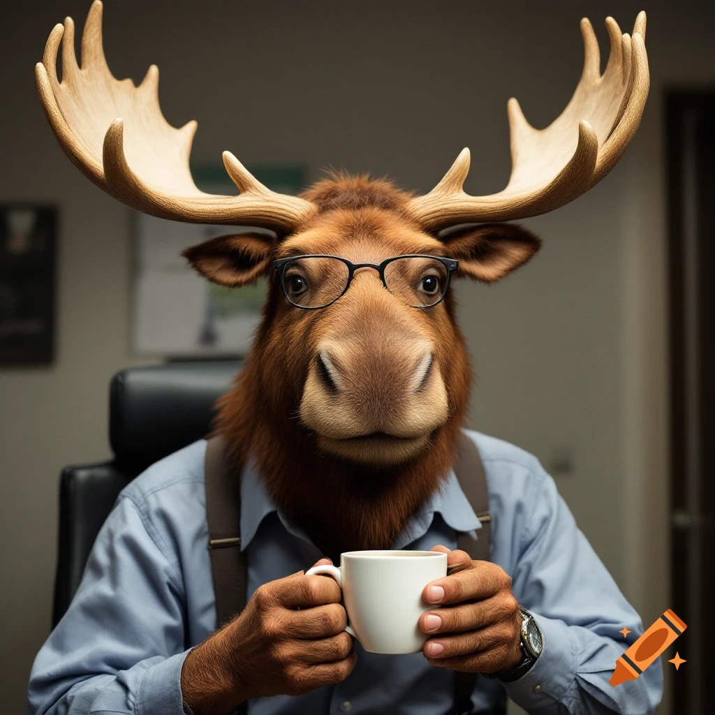 A moose wearing glasses, a shirt, and suspenders holds a coffee cup in an office.