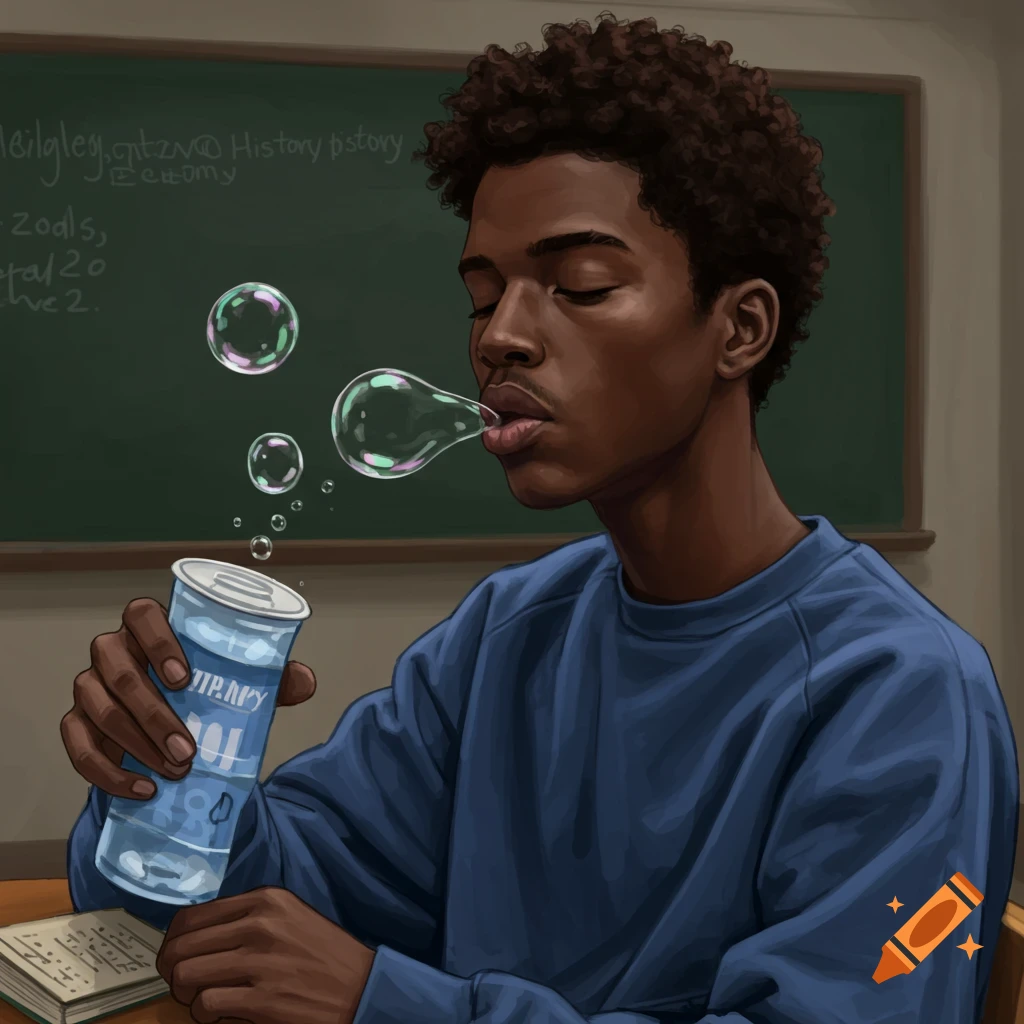 A young Black man with curly hair blowing a bubble from a can in a classroom.