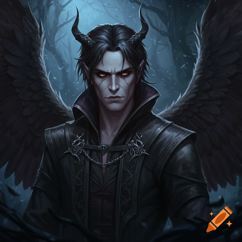 A dark fantasy character with horns, red eyes, and black wings in a forest.