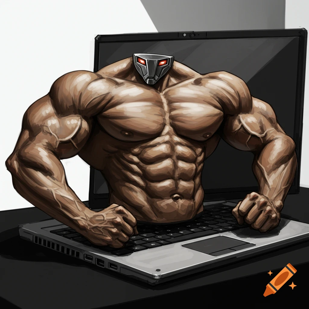 A muscular torso with a robot head emerging from a laptop keyboard.