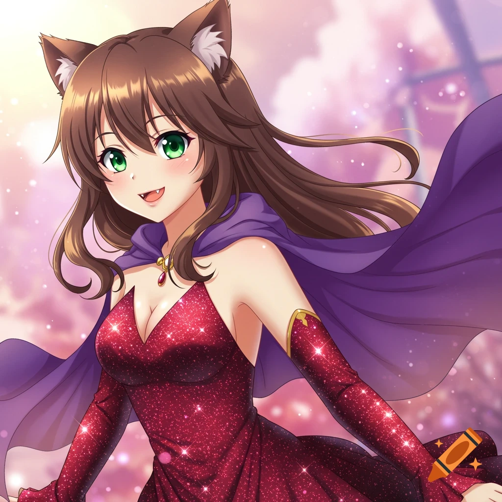 Anime girl with cat ears, sparkling red dress, and purple cape against a pink background.