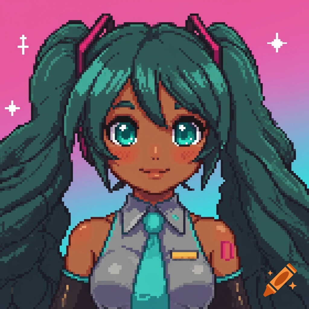 Pixel art portrait of an anime girl with teal pigtails and a grey shirt.
