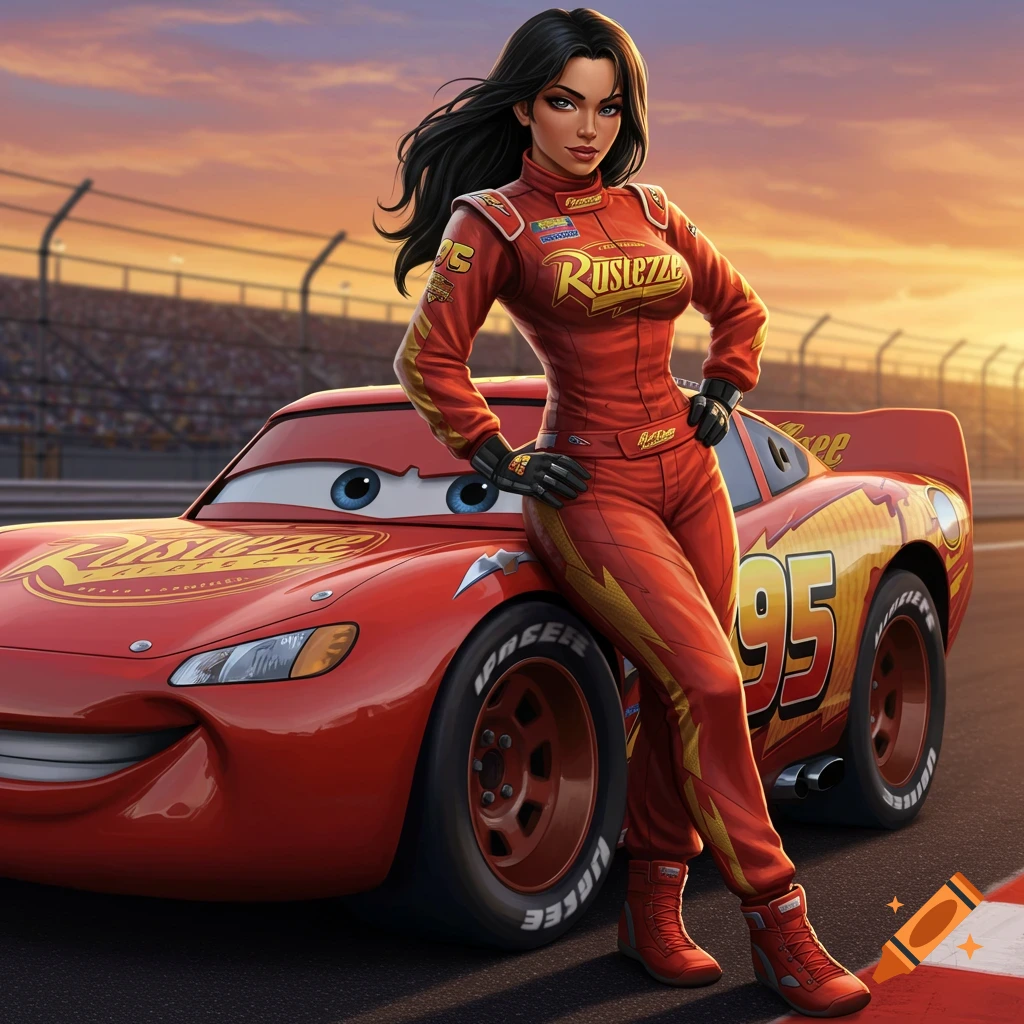 Image of a woman in a red racing suit standing next to Lightning McQueen car.