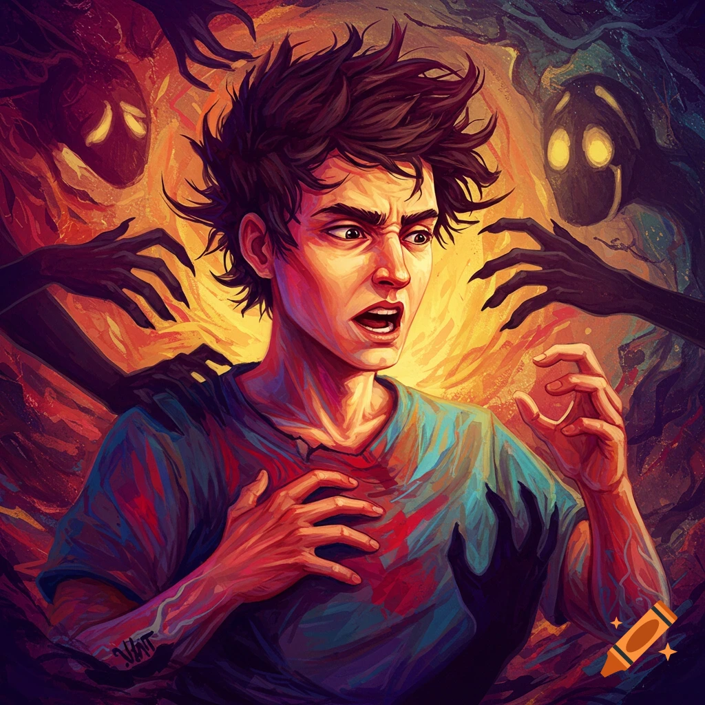 A scared person surrounded by shadowy figures with glowing eyes.