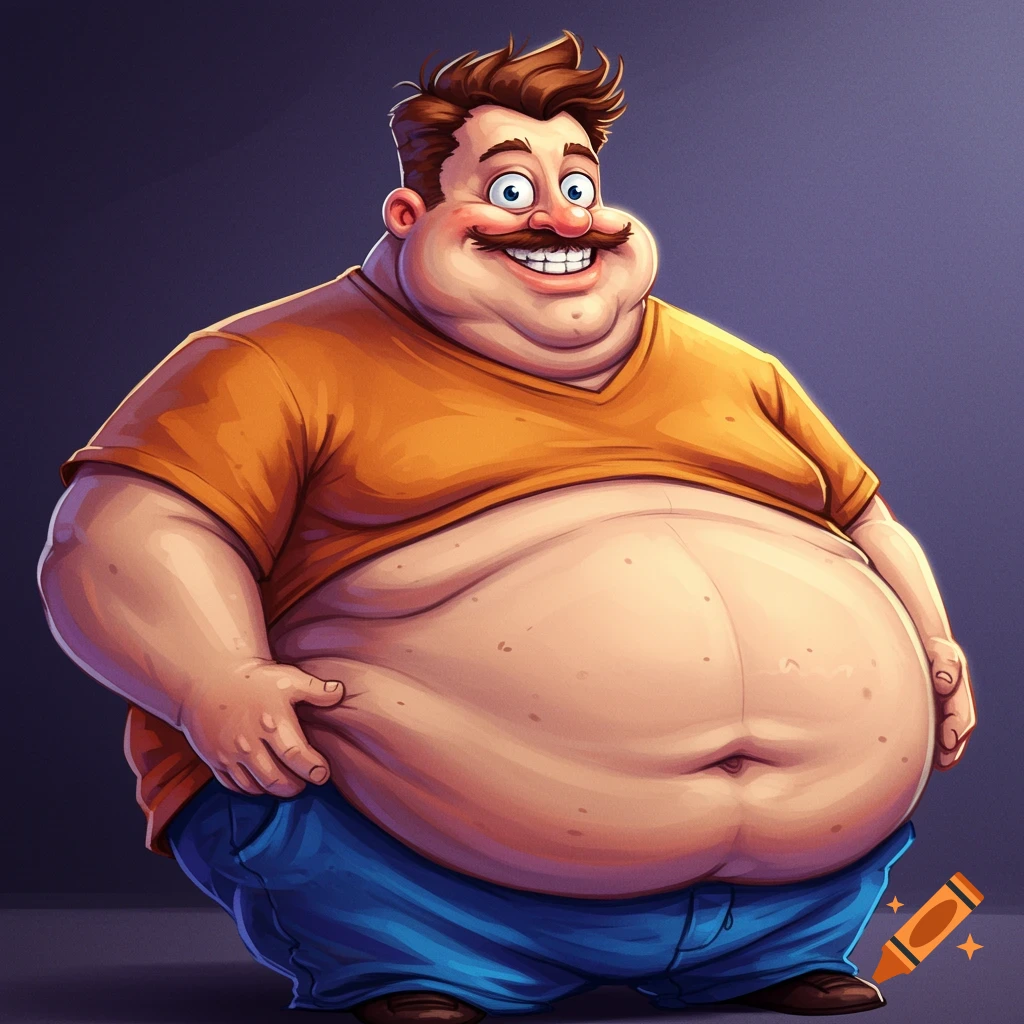 A cartoon of a significantly overweight man with a large smile and mustache.