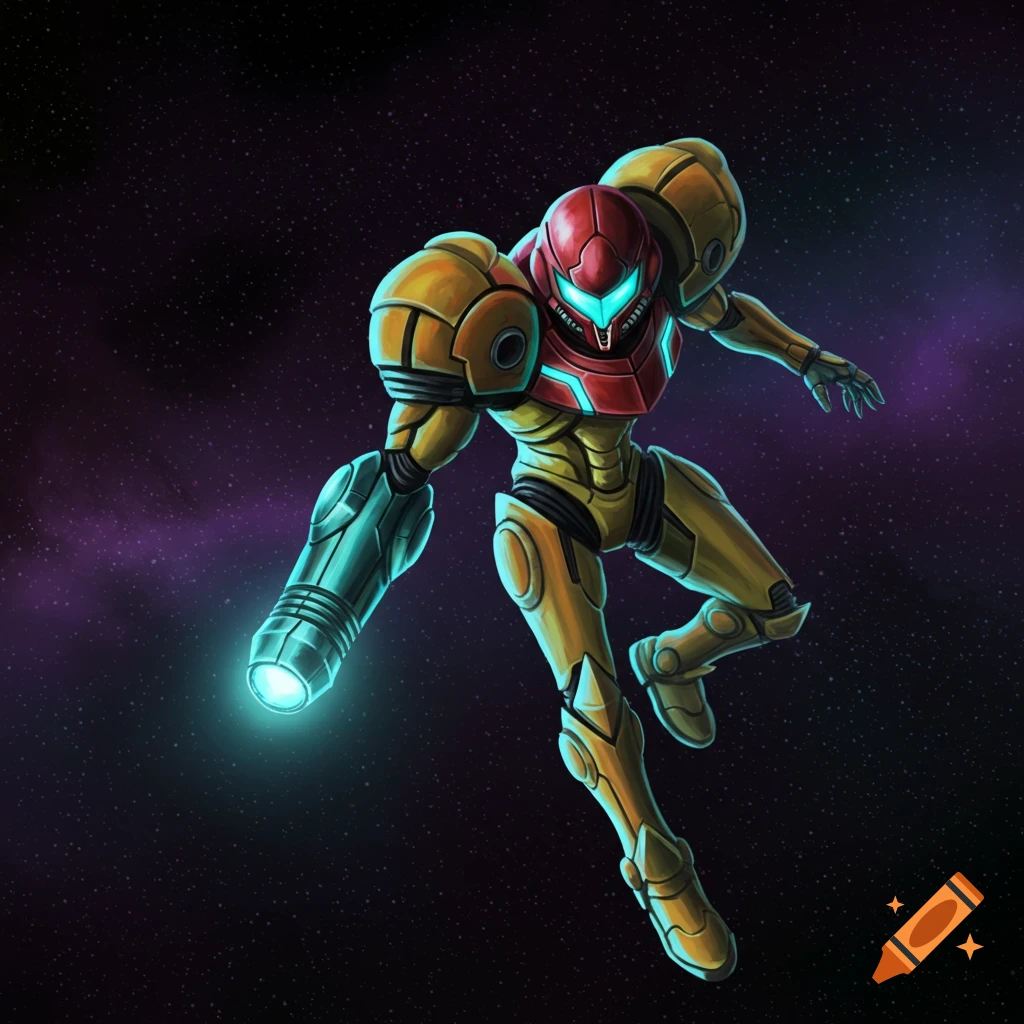 Samus Aran from Metroid is shown in her Varia Suit, floating in space with stars and a nebula behind her.
