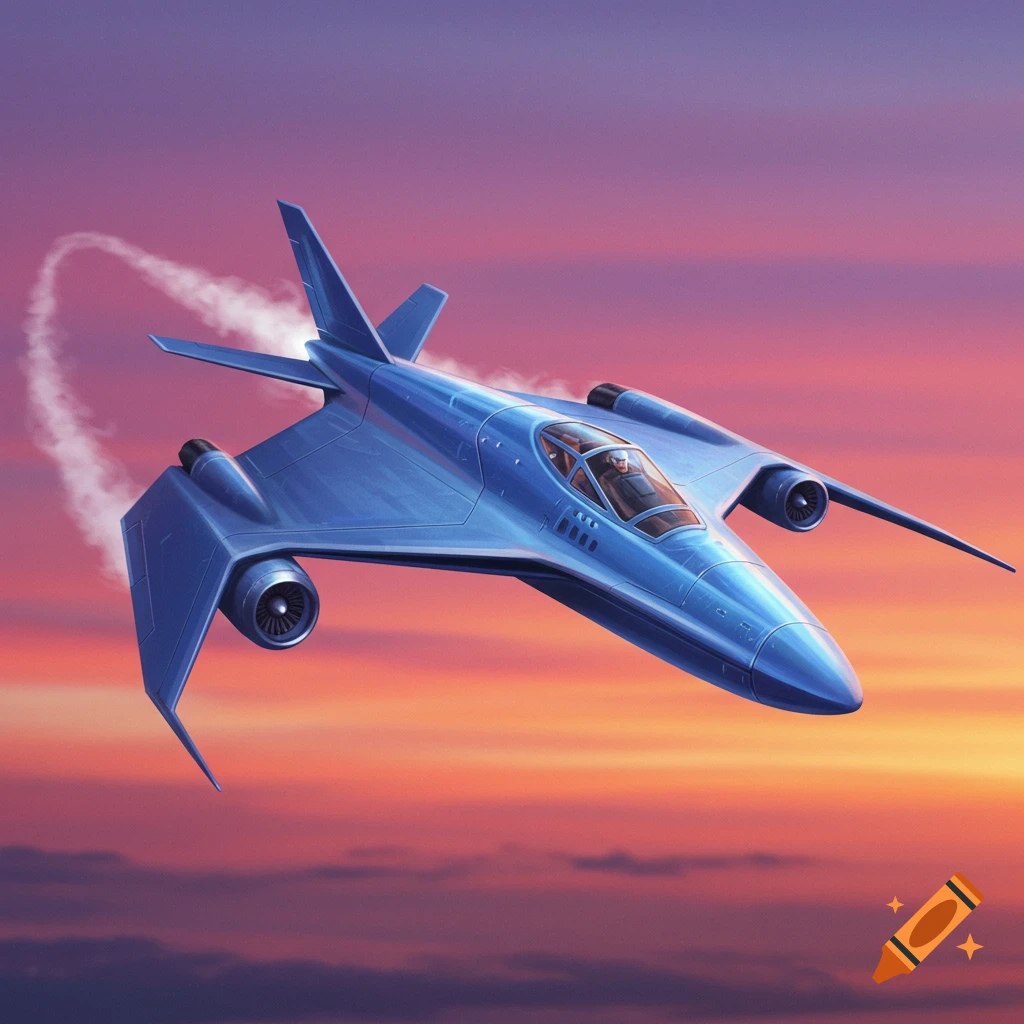 A blue futuristic airplane flies through a colorful sunset sky, leaving a vapor trail.