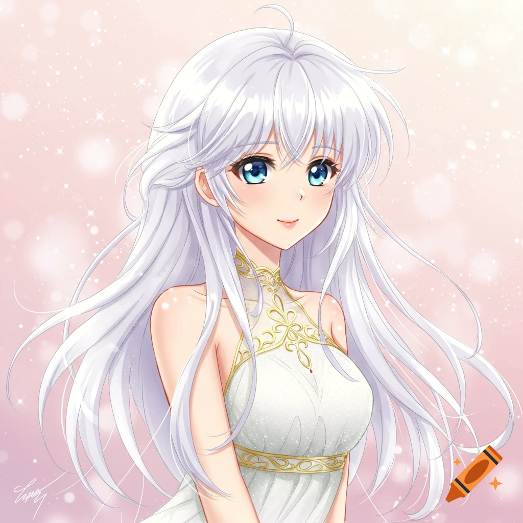 Anime girl with white hair and blue eyes in an elegant white dress with gold trim