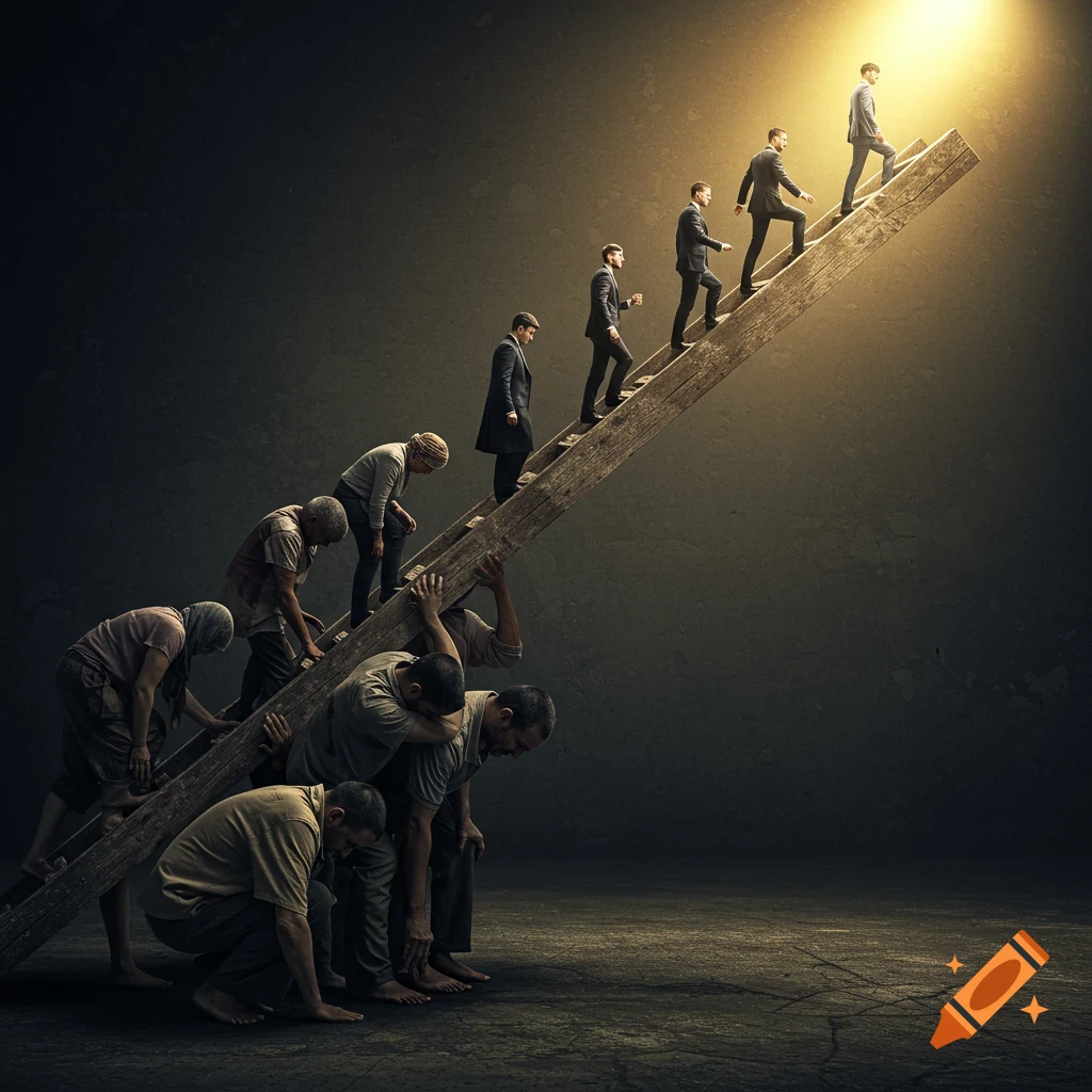 Figures support a ladder on their shoulders while others climb upwards towards light.