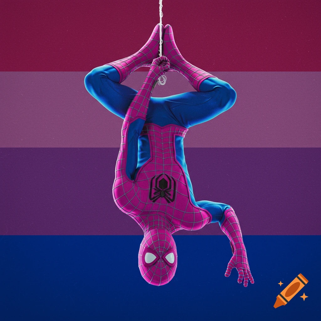 Spider-Man in a pink, purple, and blue suit hangs upside down in front of a bisexual flag
