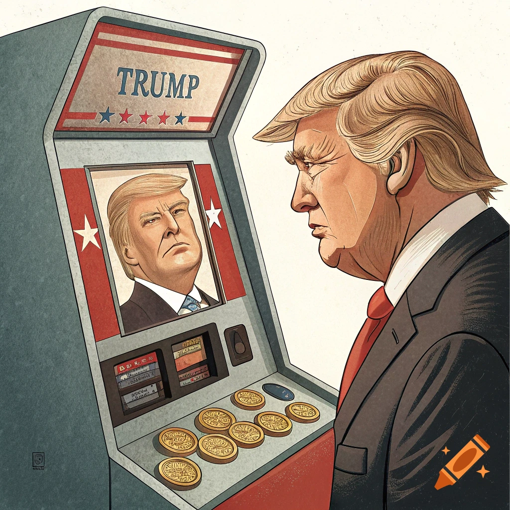 Illustration of Donald Trump looking at a slot machine with his face and name on it.