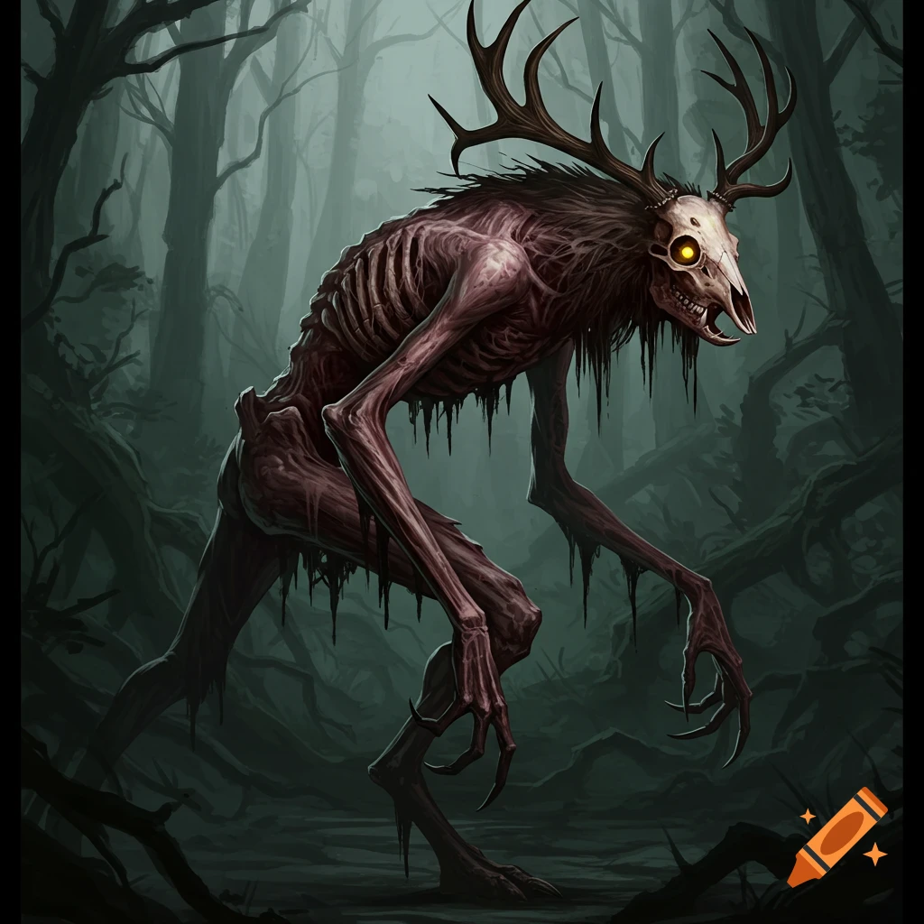 A skeletal wendigo creature with antlers stands in a dark forest.