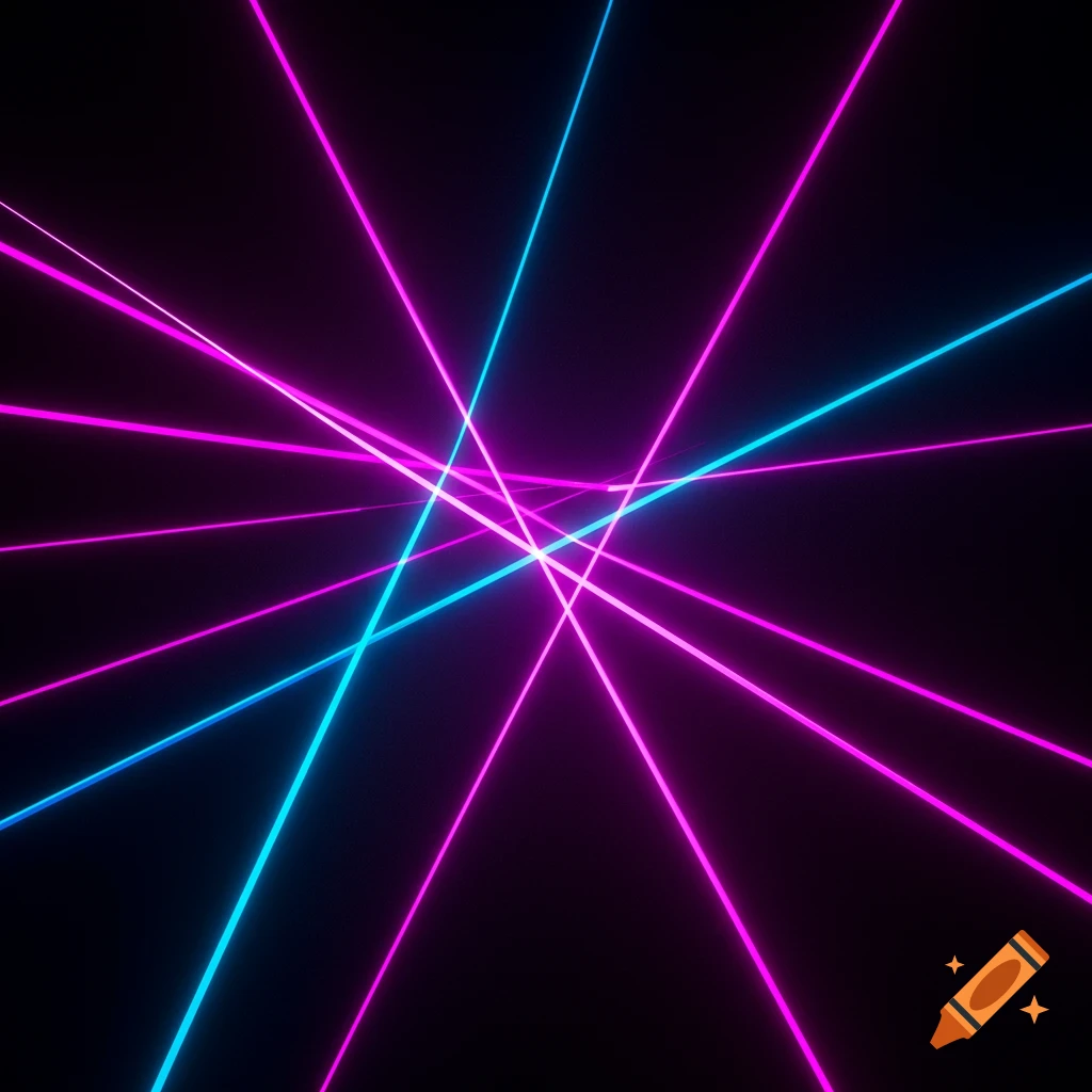 Abstract intersecting laser beams in neon pink and blue light on a black background.