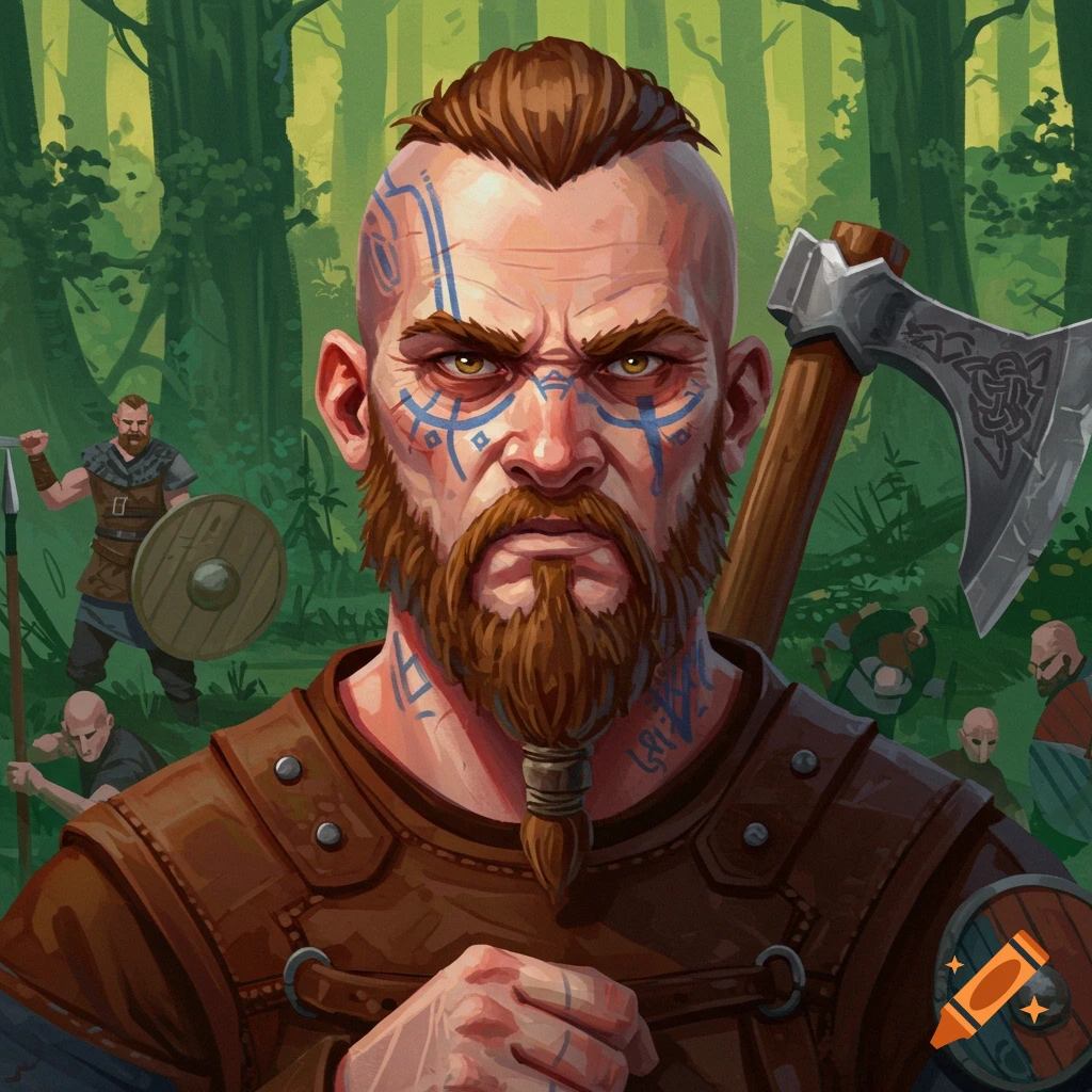 A fierce bearded warrior with blue face paint holding an axe, standing in a forest.