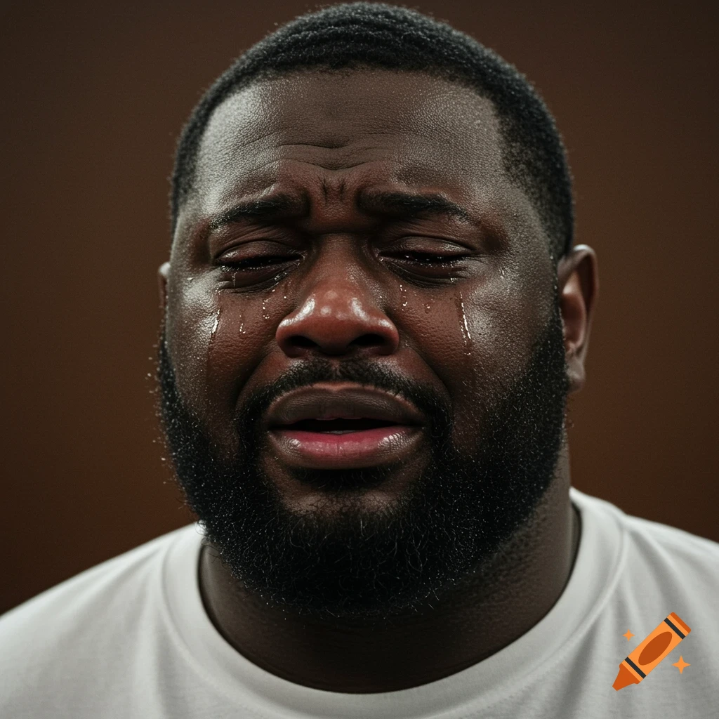 Close-up photograph of a man's face streaked with tears as he cries.