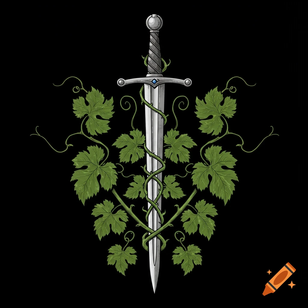 Heraldic illustration of a sword wrapped in grape vines on a black background.