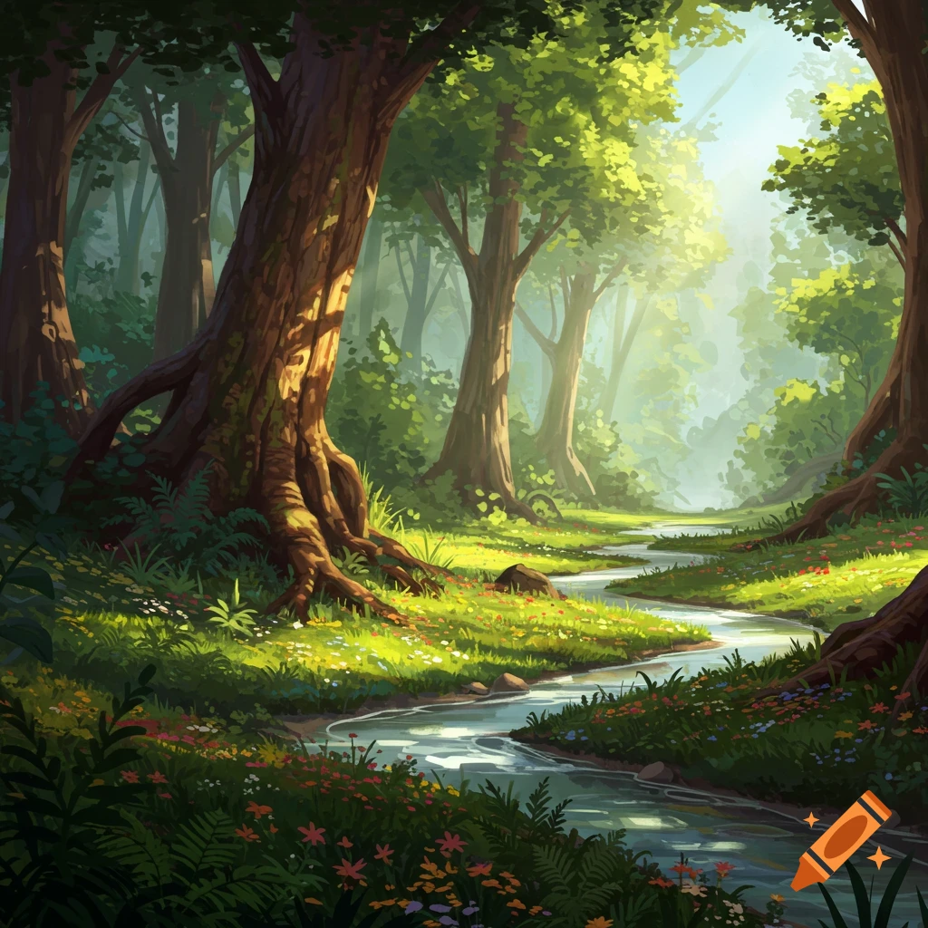 A sunlit forest scene featuring a winding stream, lush greenery, trees, and flowers.