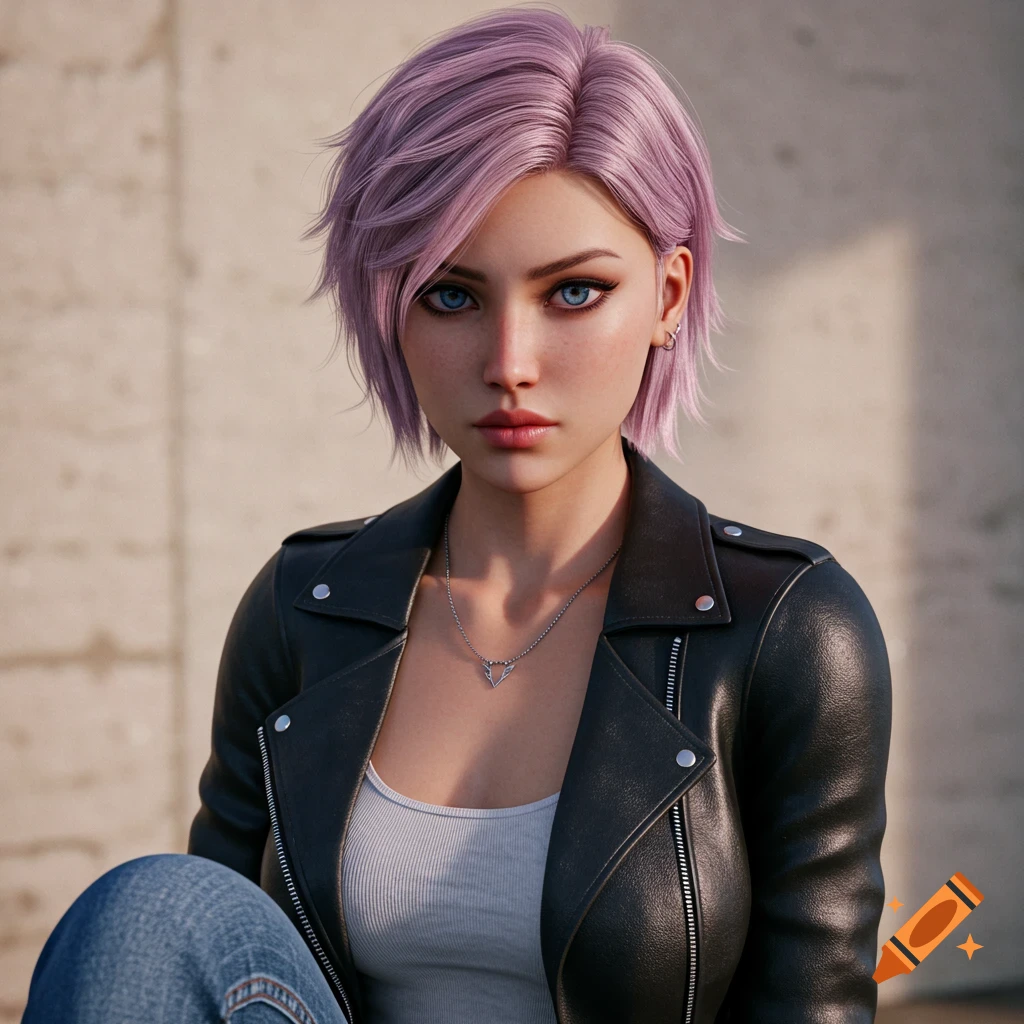 Photorealistic portrait of a woman with purple hair and blue eyes wearing a black leather jacket.