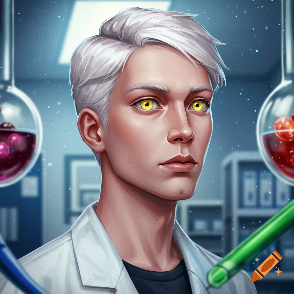 A person with white hair and yellow eyes wearing a lab coat in a laboratory.