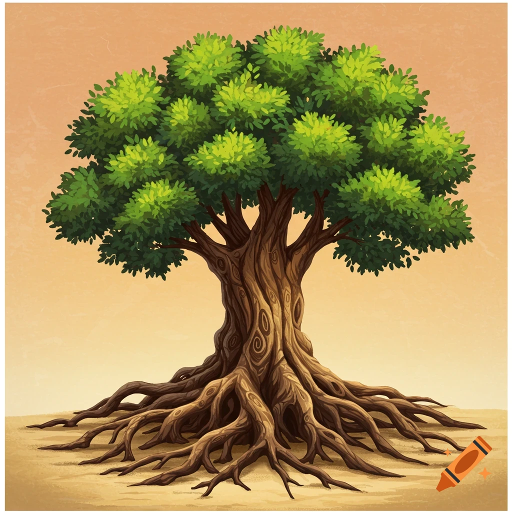 An illustration of a large tree with wide roots.