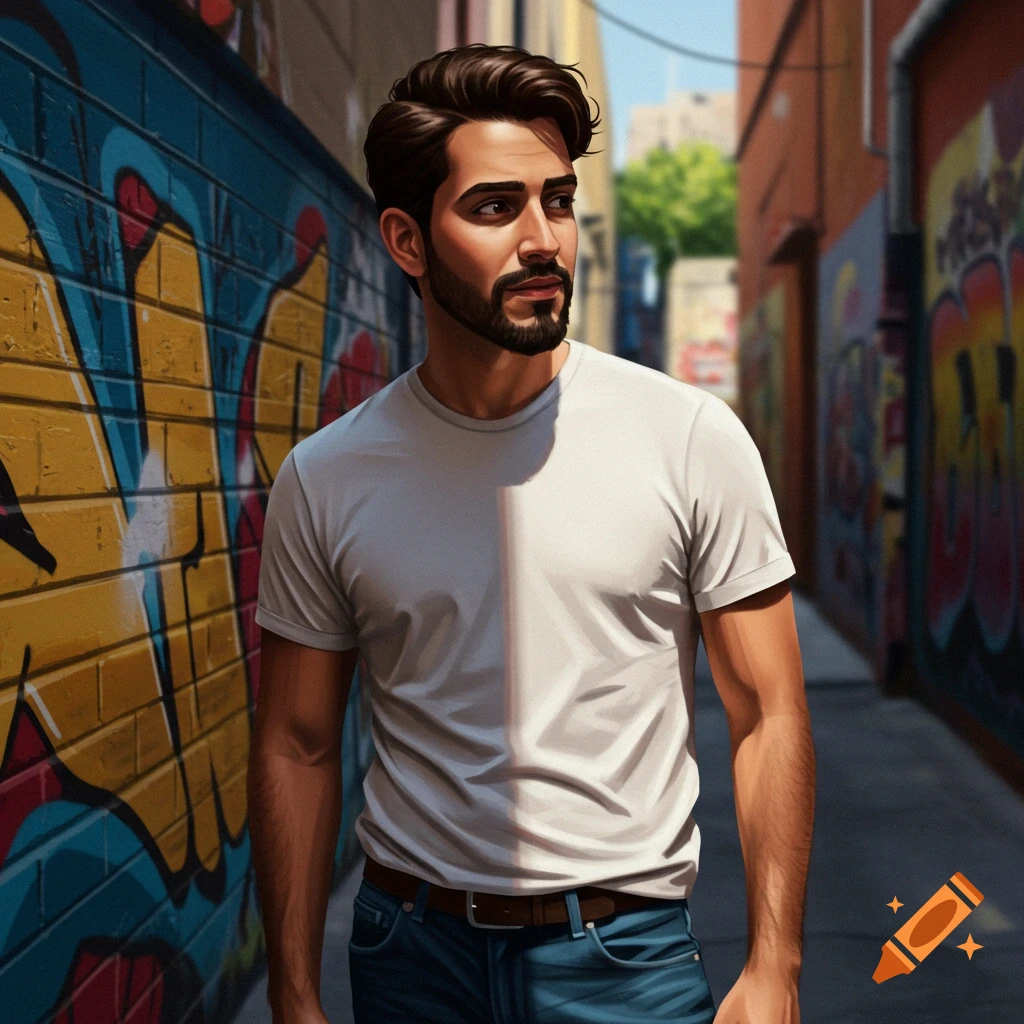 A man in a white shirt and jeans stands in an alley with graffiti.