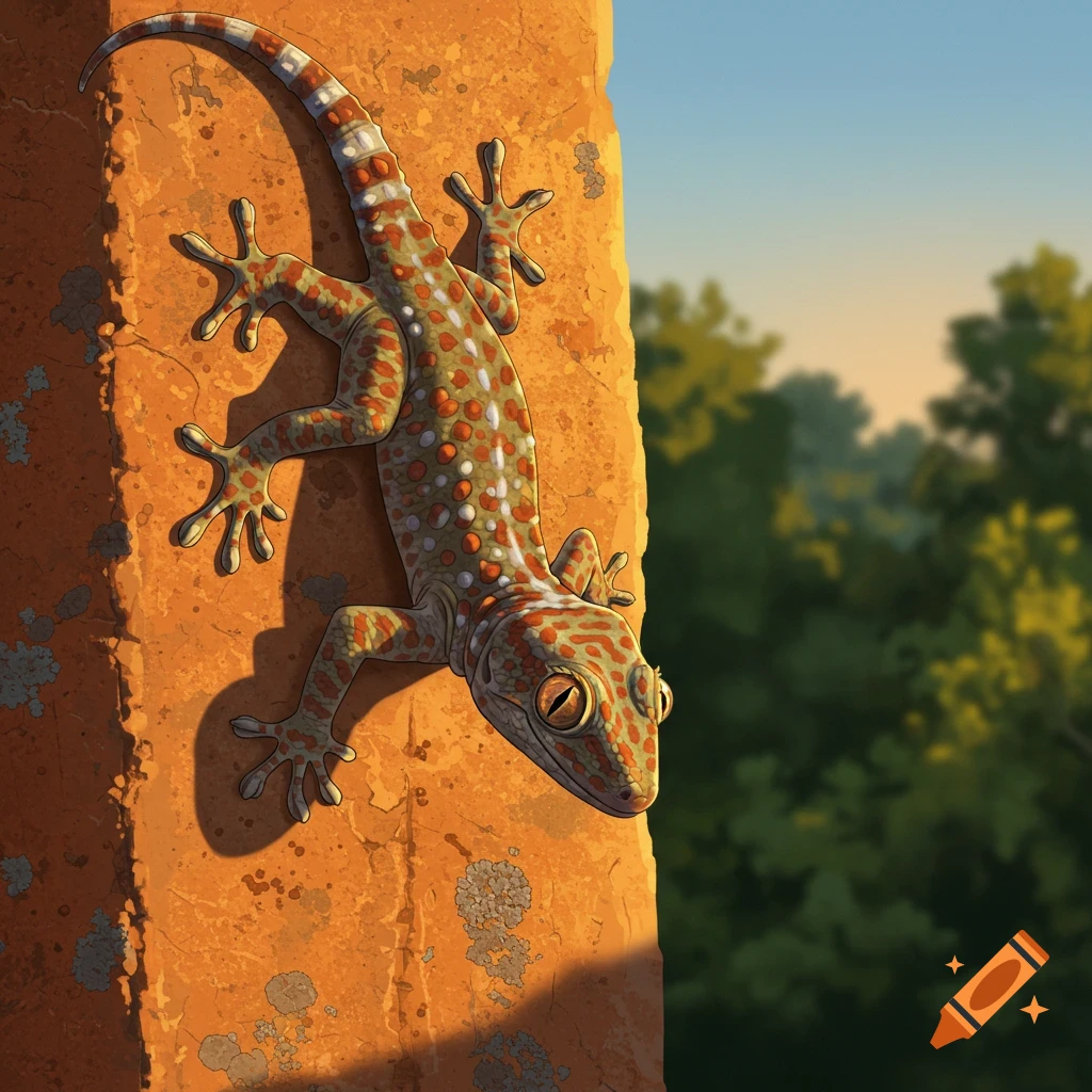 A spotted gecko climbing a warm-toned wall, with trees and sky in the background.