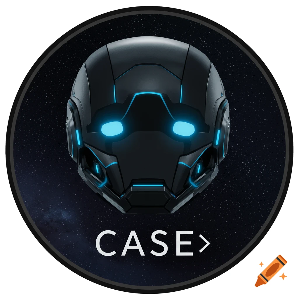 A black sci-fi helmet with glowing blue lights in a circle against a starry space background, with the text CASE> below it.