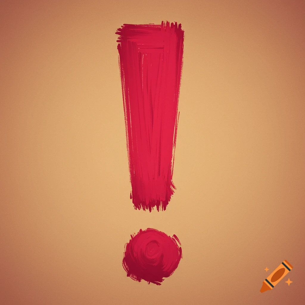 A red exclamation mark painted with brush strokes on a light brown background.
