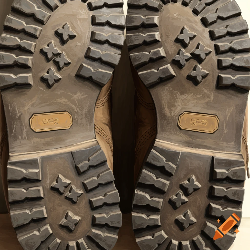 Close-up of the soles of two brown hiking boots.