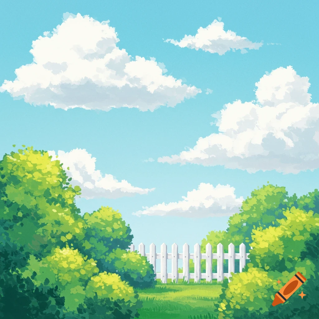 A landscape with a blue sky, clouds, green bushes, a white picket fence, and grass.