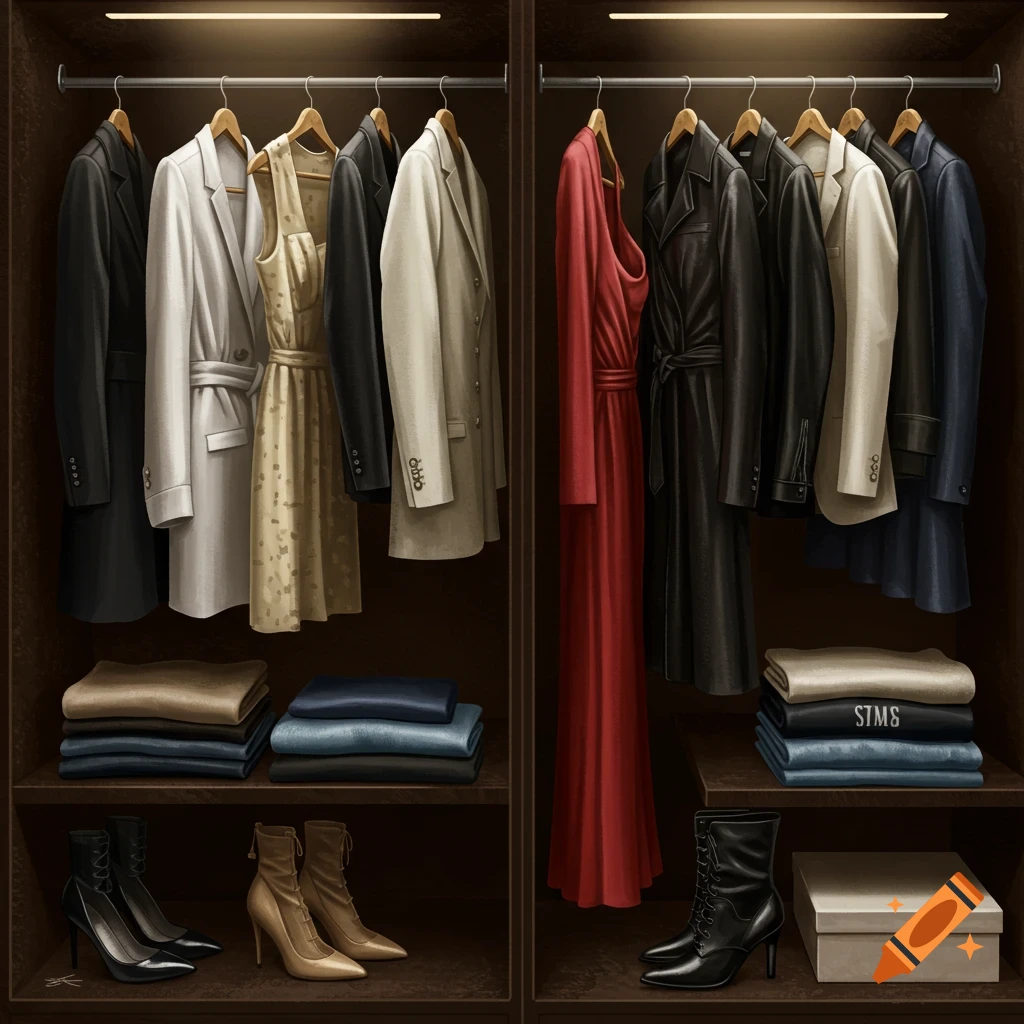 A closet filled with designer clothes on hangers, folded items, and shoes.