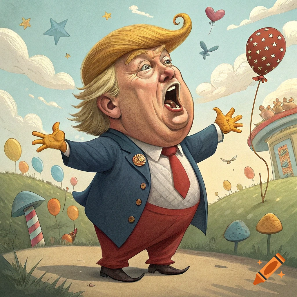 Cartoon caricature of Donald Trump shouting outdoors in a whimsical scene with balloons and mushrooms.