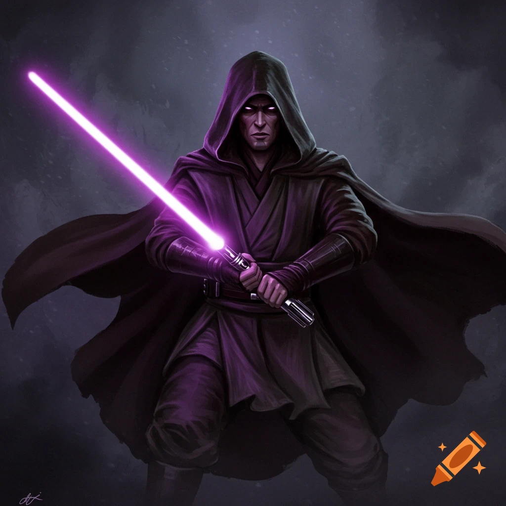 A hooded figure in dark robes holding a glowing purple lightsaber.
