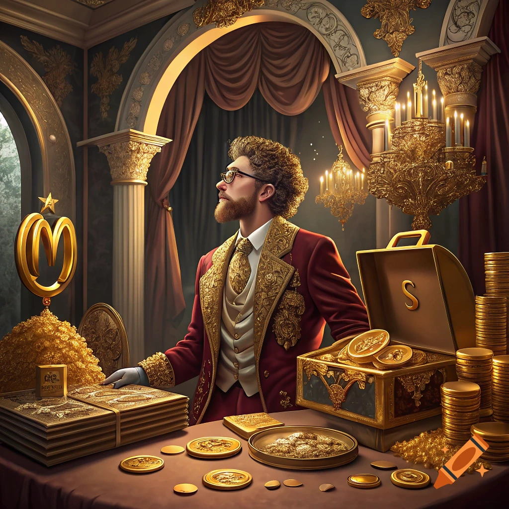 A man in ornate red and gold clothing sits at a table covered in gold coins and treasure in a lavish room.
