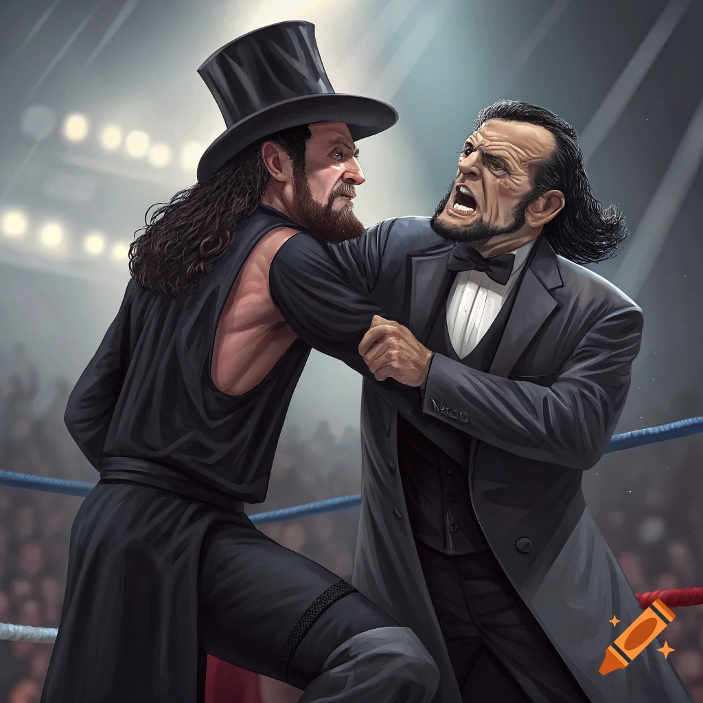 Stylized illustration of Abraham Lincoln applying a chokeslam to The Undertaker in a wrestling ring with a crowd in the background.