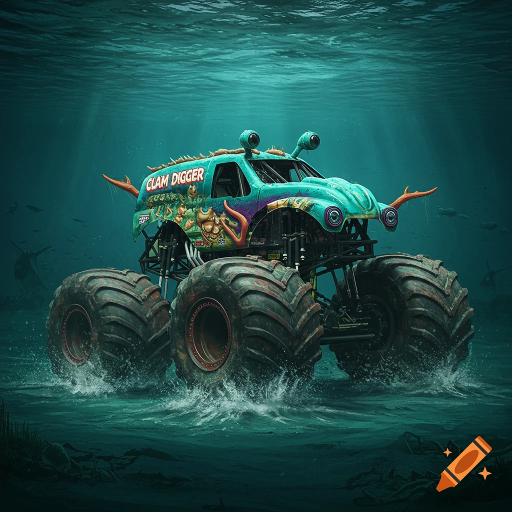 A monster truck named Clam Digger driving underwater.