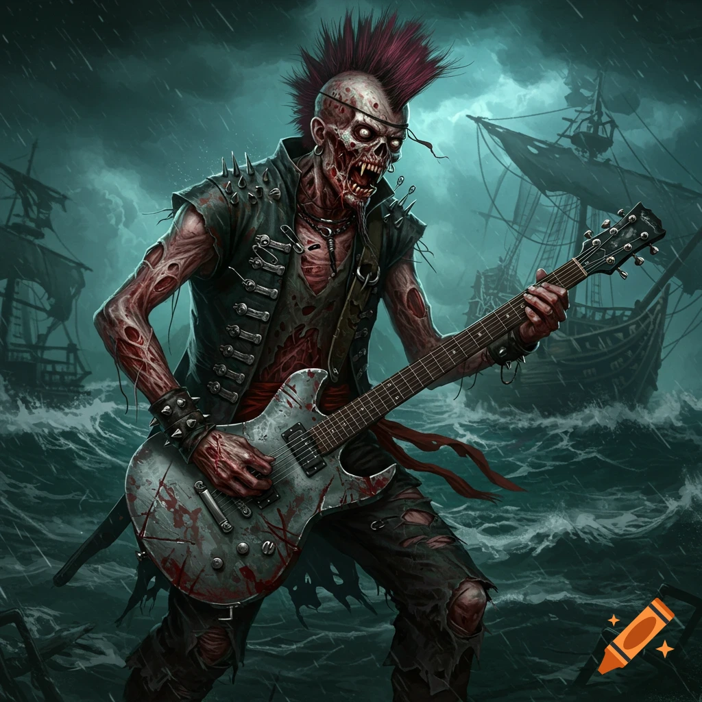 Zombie punk rock pirate playing guitar on a stormy sea with ships