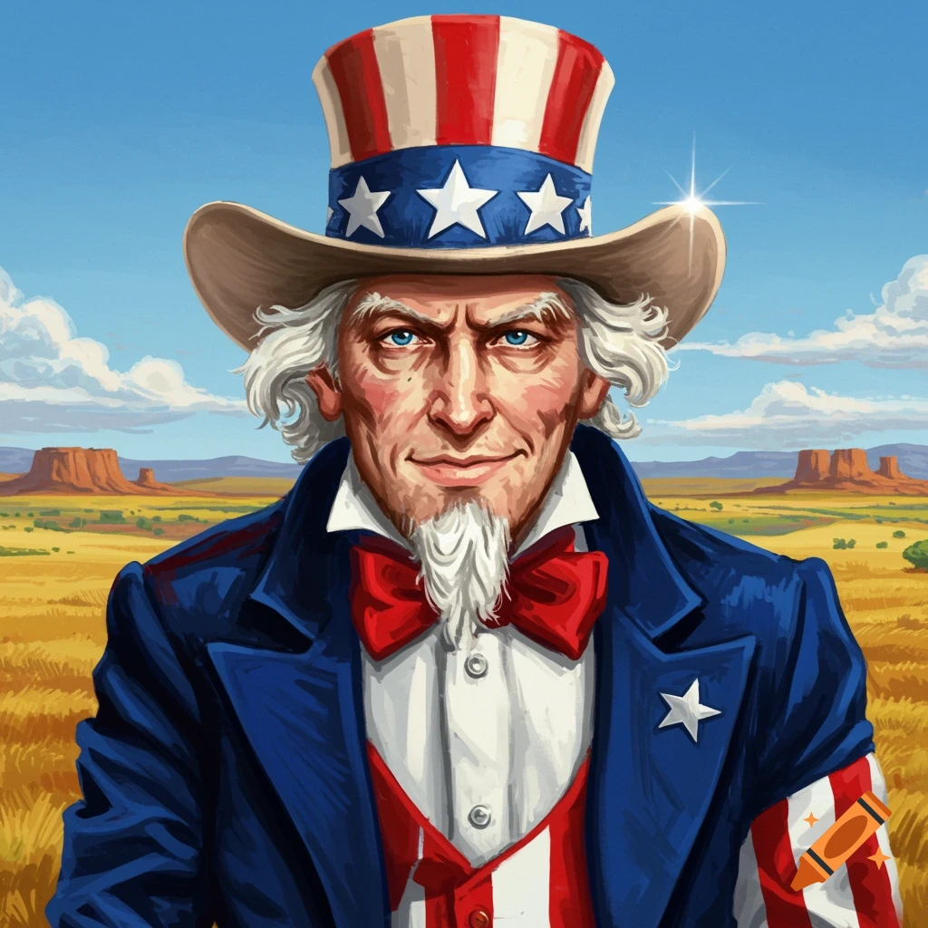 Uncle Sam in a cowboy hat in an American landscape