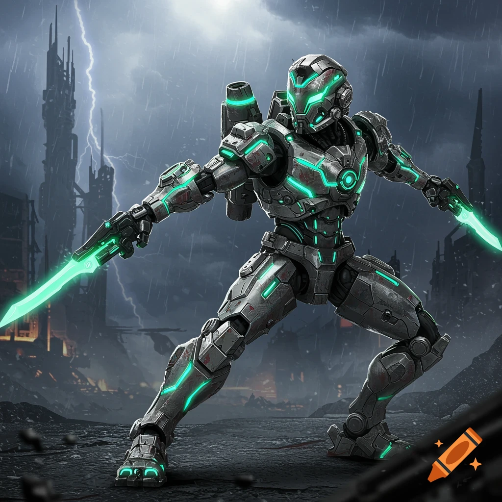 Metallic robot action figure with neon green highlights holds energy blades in a stormy futuristic city, digital art.