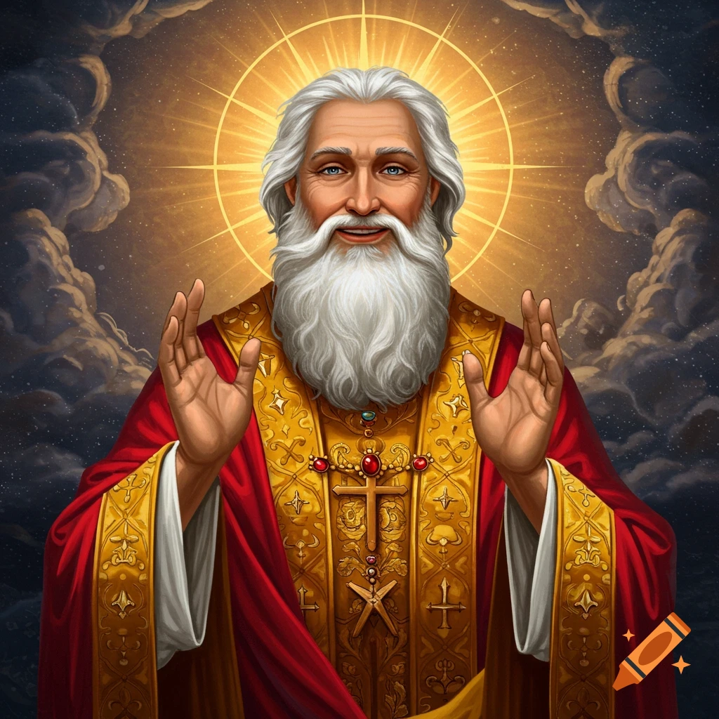 A bearded figure in religious robes with a halo is raising hands in blessing.