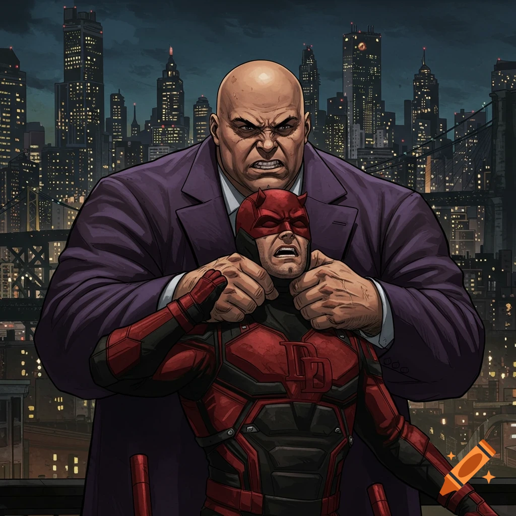 Kingpin choking Daredevil with a city skyline background