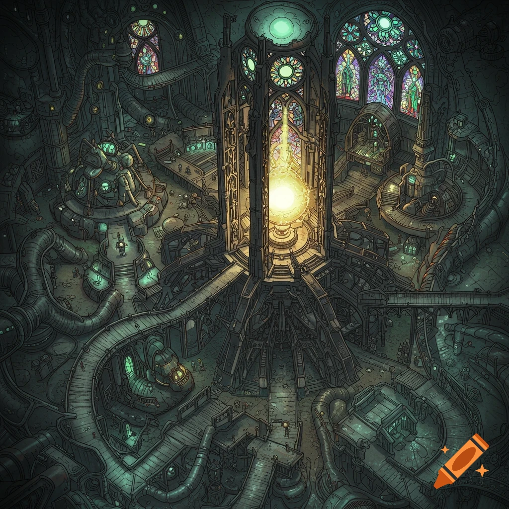 A dark, intricate top-down view of a sci-fi or biopunk interior resembling a cathedral, filled with glowing machinery, pipes, walkways, and small figures.