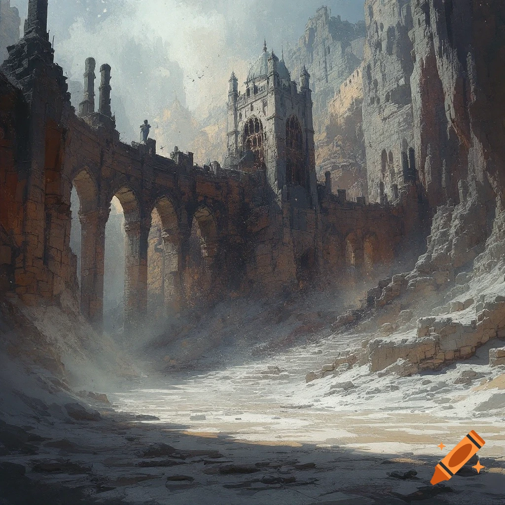 A ruined castle or structure stands in a desolate canyon, with a figure visible on a bridge.